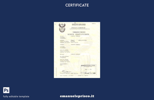 modello di certificato di nascita per gli affari interni del Dipartimento del Su